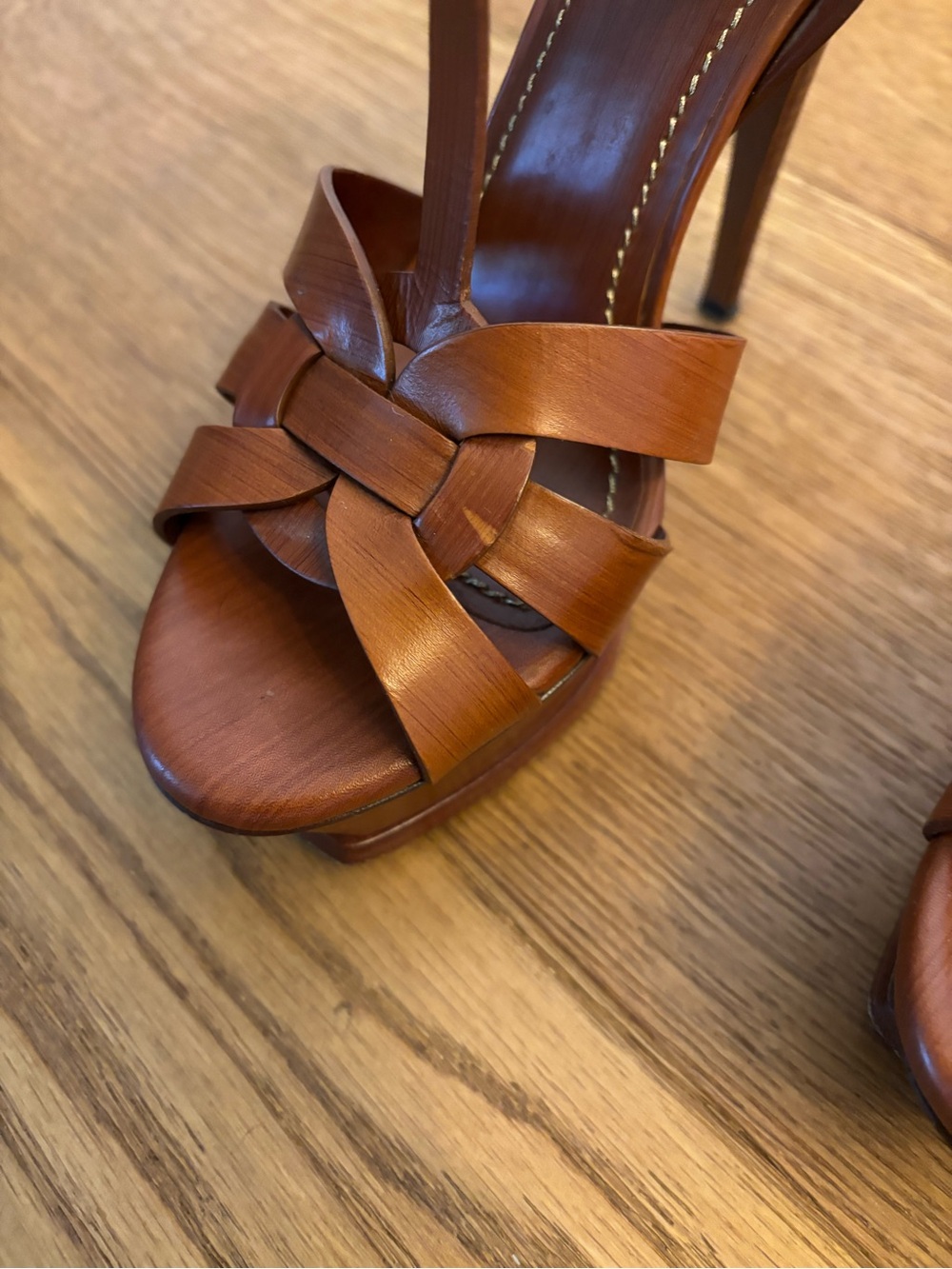Yves Saint Laurent Tan Leather T-Strap Sandal in Brown - Picture 7 of 9